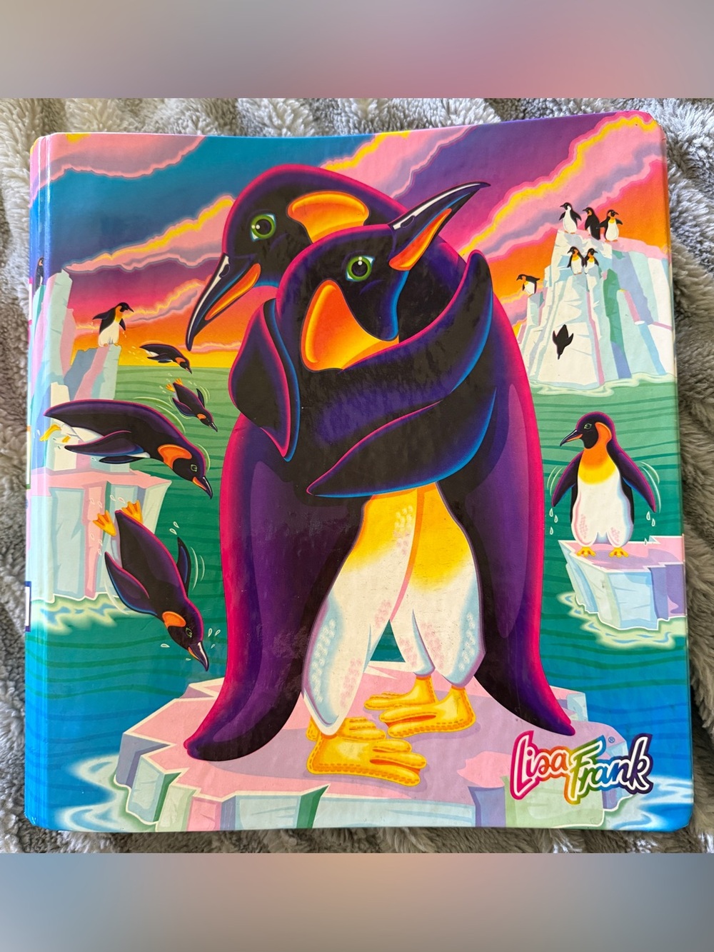 Lisa Frank Hugging Penguin Pals 3-ring glossy, cardboard Binder RARE VTG 90s